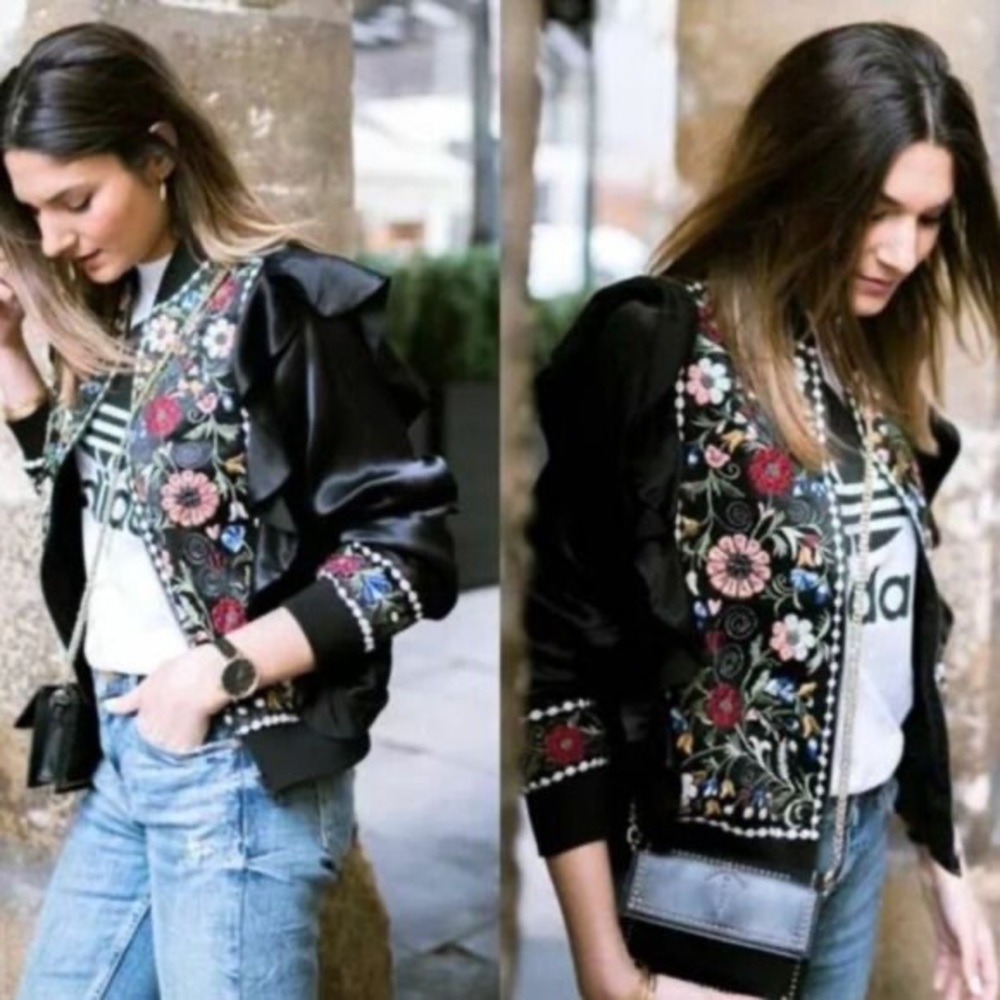 Zara Bomber Jacket Womens XS Black Multi Floral Embroidered Bead Ruffle Zipper